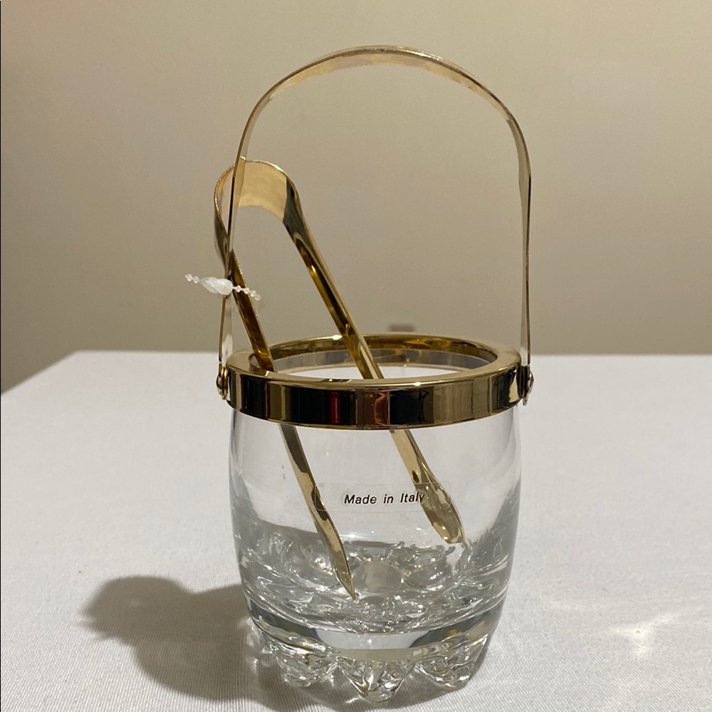Small Crystal Ice Bucket with Gold Color Metal Trim and Ice Tong Made in Italy - Picture 3 of 10